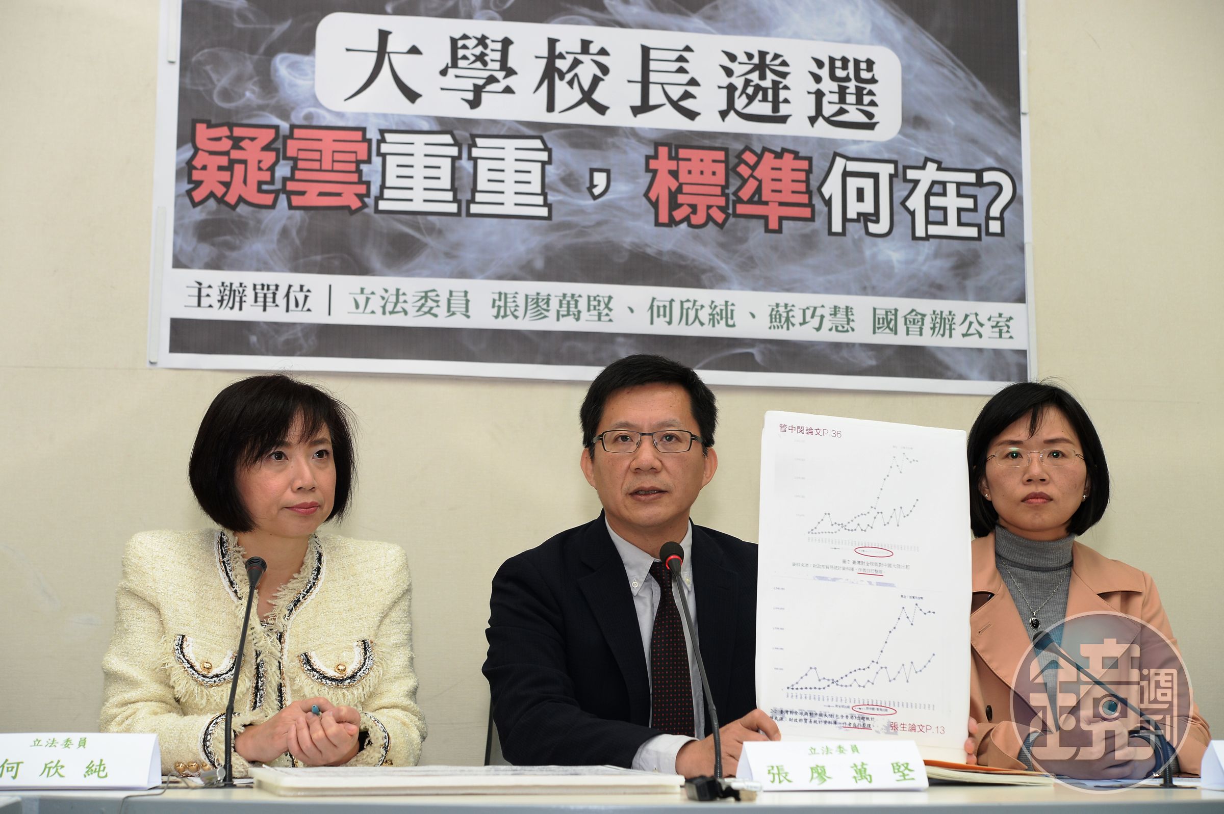 民進黨立委張廖萬堅（中）指控台大校長當選人管中閔發表的論文涉嫌抄襲，但被發現是烏龍一場。