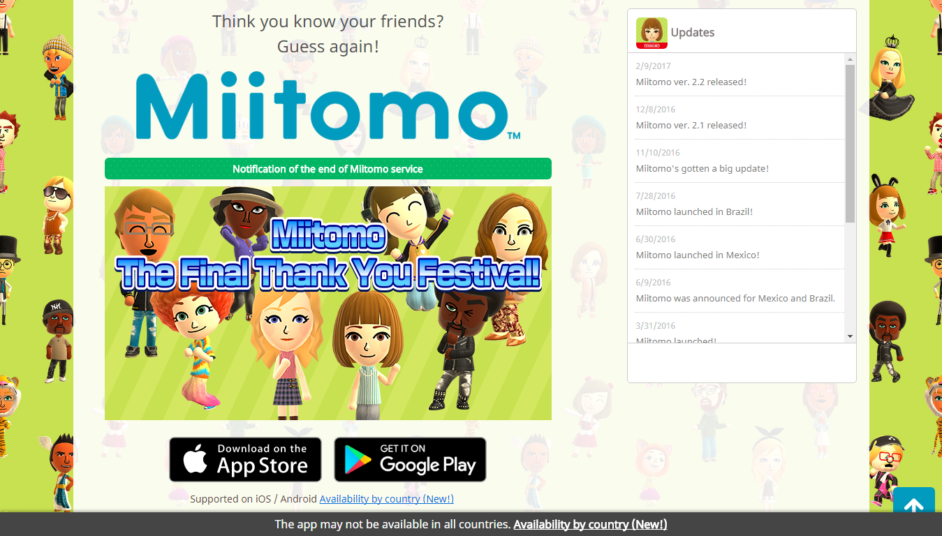 《 Miitomo 》宣布結束營運，關閉遊戲內購買的功能，並祭出感謝祭活動，服務玩家至最後一刻，真不愧是任天堂！