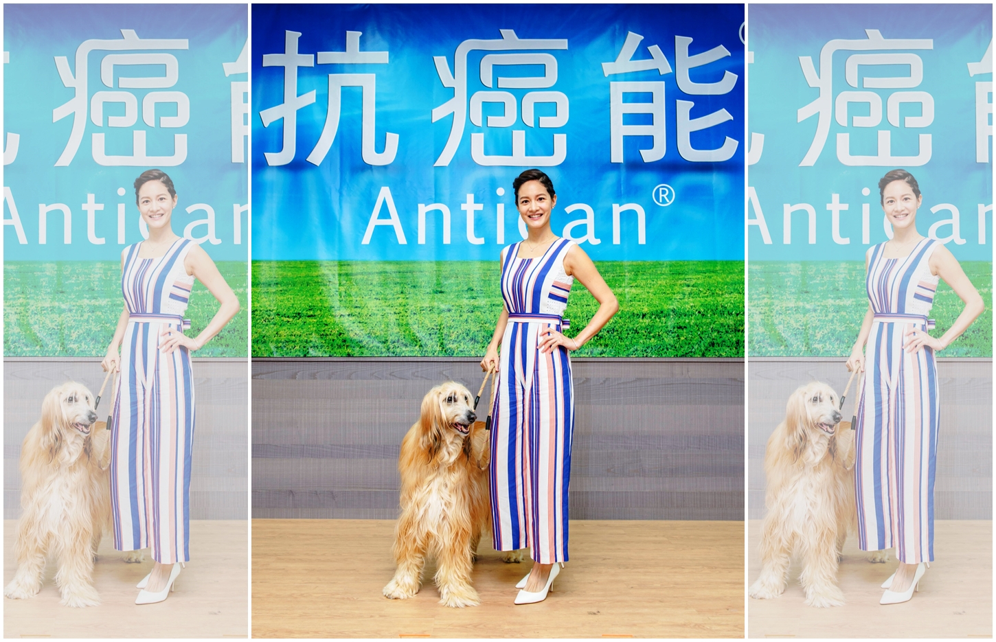 藝人Janet（謝怡芬）牽著抗癌小鬥士Mikann出席記者會。（業者提供）