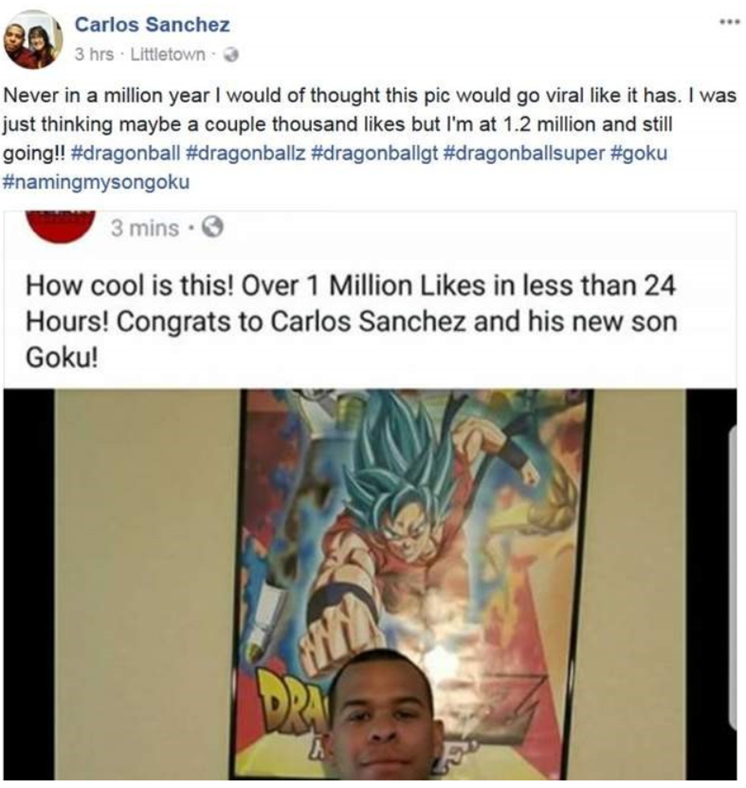 本人在一天後地發文表示：「太誇張了！我從來沒想到會有那麼多的按讚數量。」