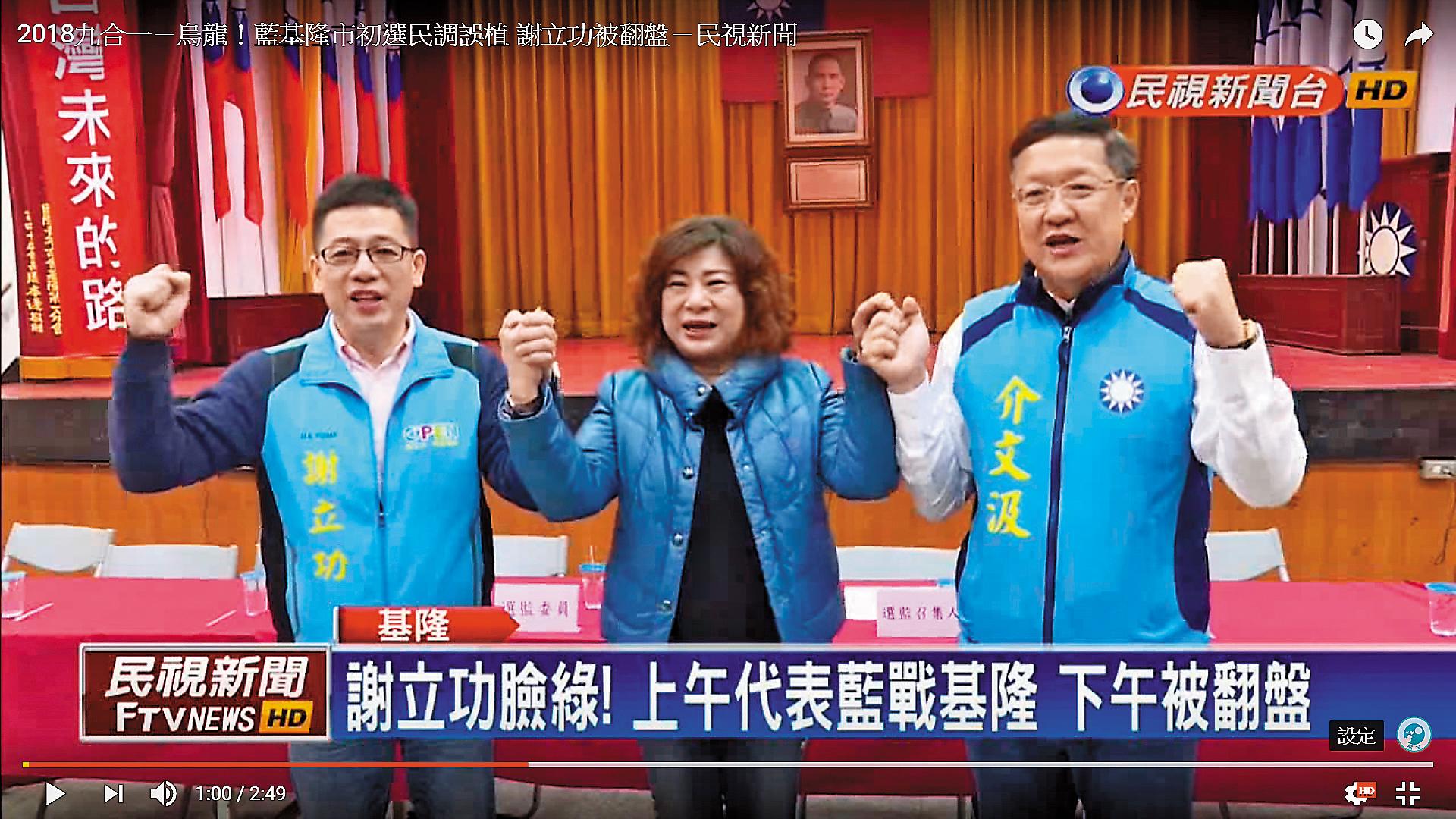 國民黨基隆市長初選民調烏龍,造成前移民署長謝立功(左)早上勝出,下午翻盤輸給基隆市議長宋瑋莉(中),重創黨主席吳敦義領導威信。(翻攝民視新聞台)