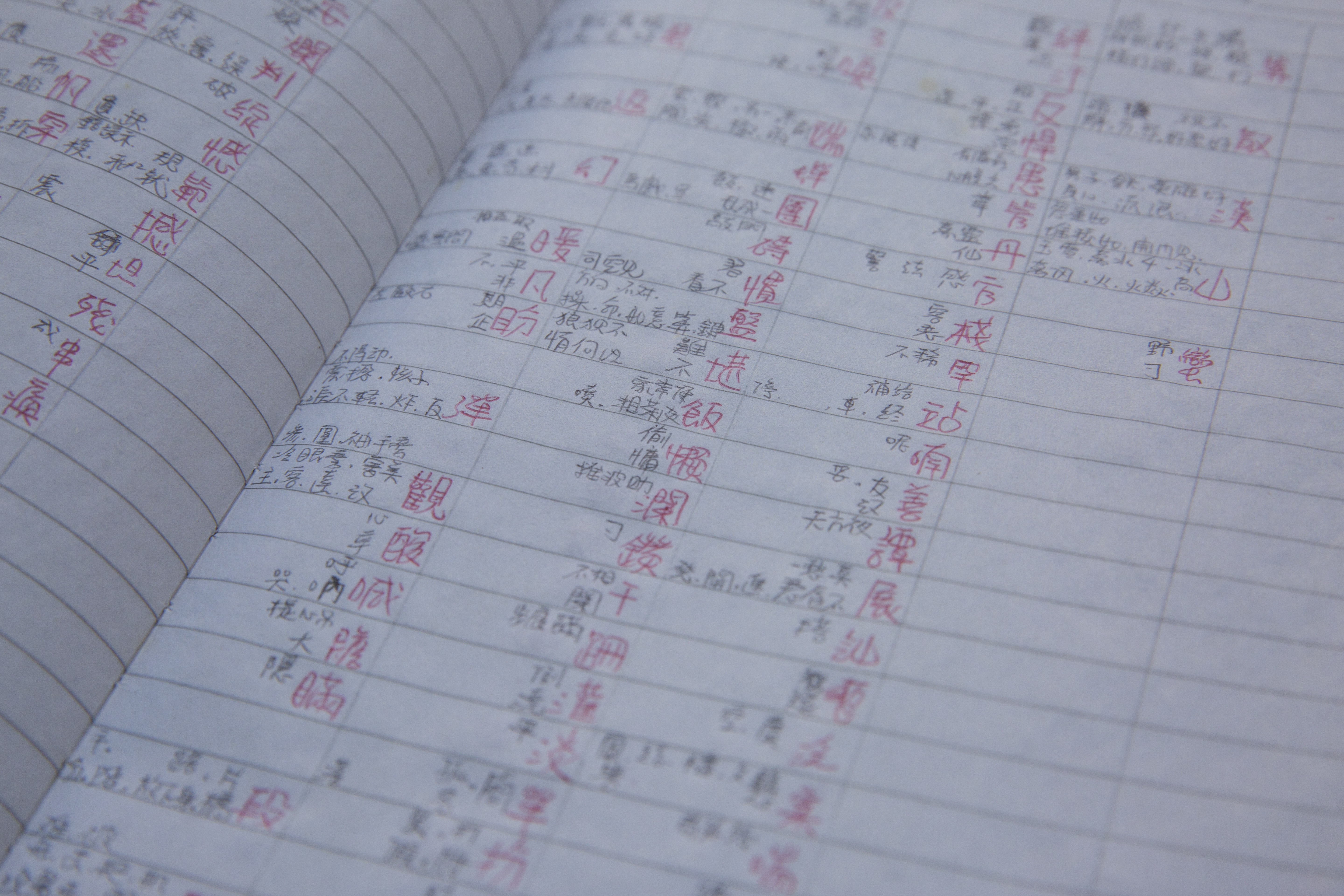 翻開她在獄中的筆記本，她自製表格以韻腳歸納詞彙，成為她創作歌詞的利器。