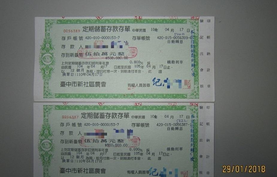 黃男帶著共一百萬元的定存單到農會解約，幸被攔阻。（警方提供）