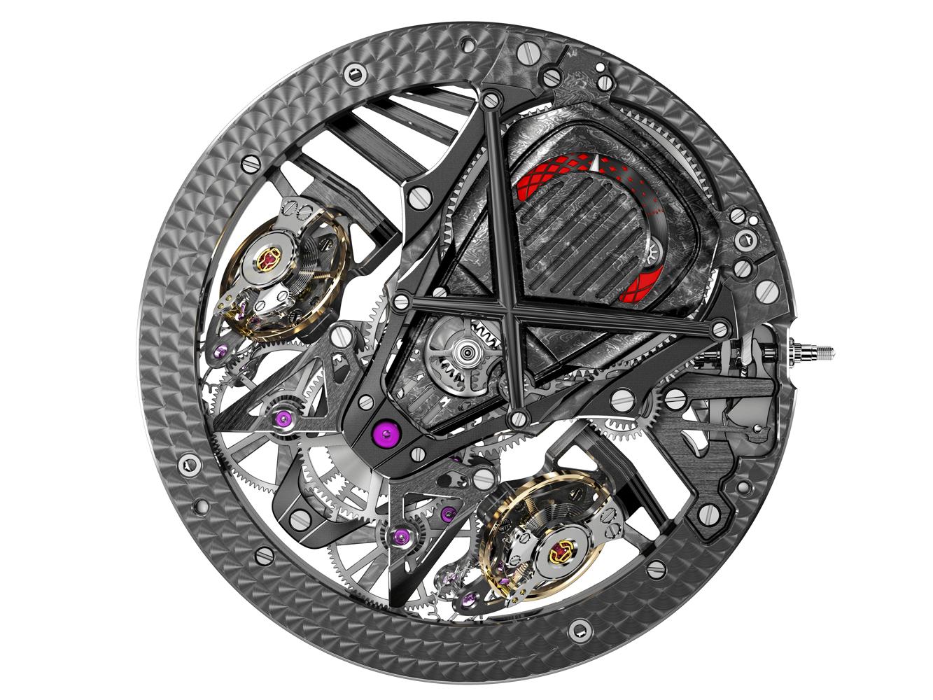 RD103SQ「Duotor」雙擒縱機芯靈感，分別來自於Aventador S超跑的V12引擎，及Huracán Super Trofeo EVO車款的外觀。