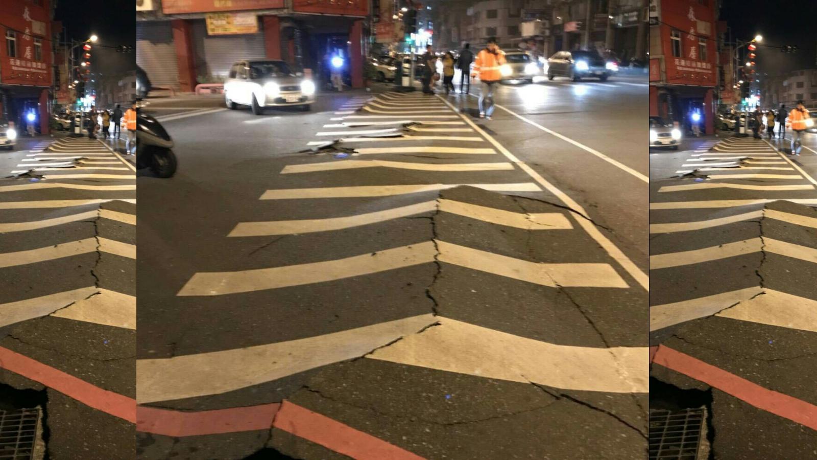 花蓮市區災情陸續傳出,圖為路面受強震影響嚴重龜裂隆起。(翻攝自網路)