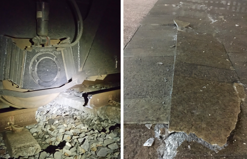 圖左：強震造成花蓮港線復興陸橋軌道扭曲斷軌暫時封閉。圖右：花蓮站第一月台因強震造成的裂縫長達20公尺。