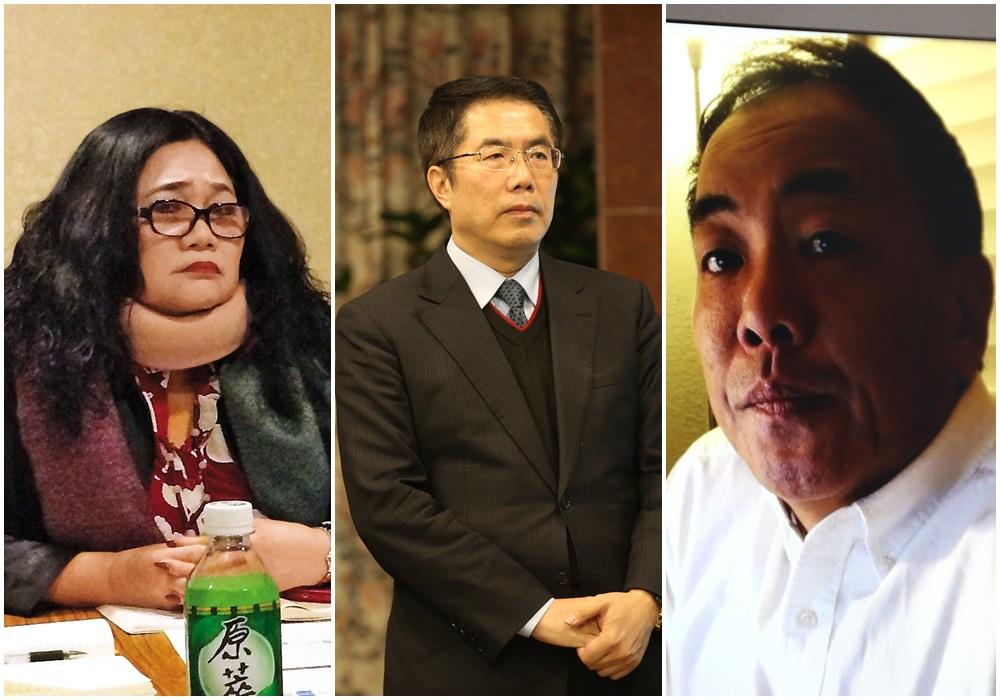 民進黨立委黃偉哲(中)與其國會辦公室主任曾碧珠(左),上月底收到億豐富公司總經理葉啟中(右)的律師信,指控2人涉嫌以代辦假證手法詐欺。