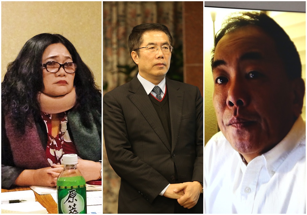 民進黨立委黃偉哲(中)與其國會辦公室主任曾碧珠(左),上月底收到億豐富公司總經理葉啟中(右)的律師信,指控2人涉嫌以代辦假證手法詐欺。