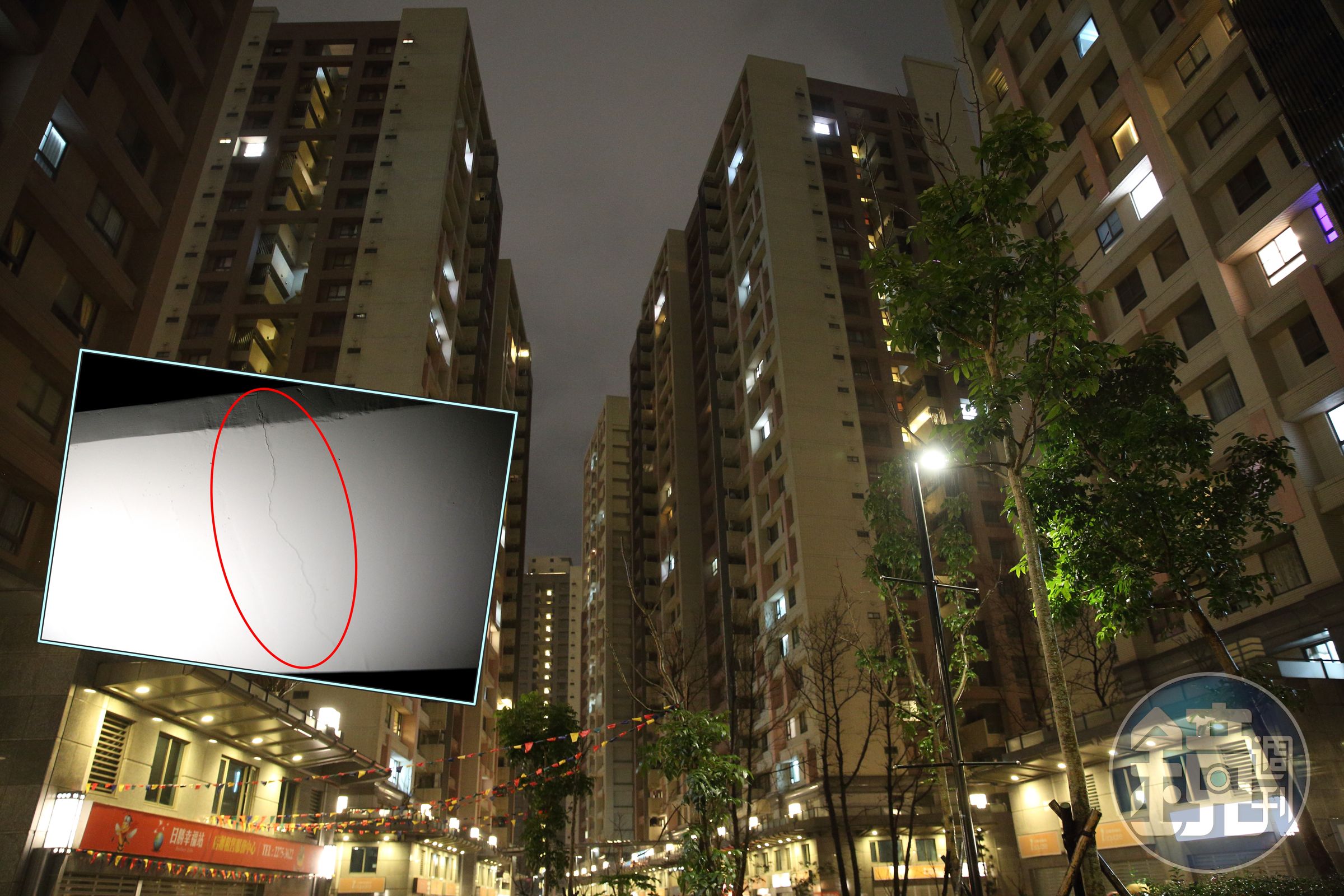 新北市浮州合宜宅地下3樓停車場的梁柱，疑因當日的3級地震後出現裂縫。