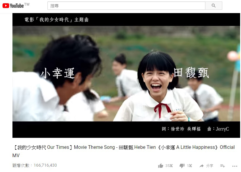 電影《我的少女時代》主題曲〈小幸運〉官方MV，在YouTube點擊率超過1億6,000萬次，創下華語流行音樂紀錄。（翻攝自YouTube）