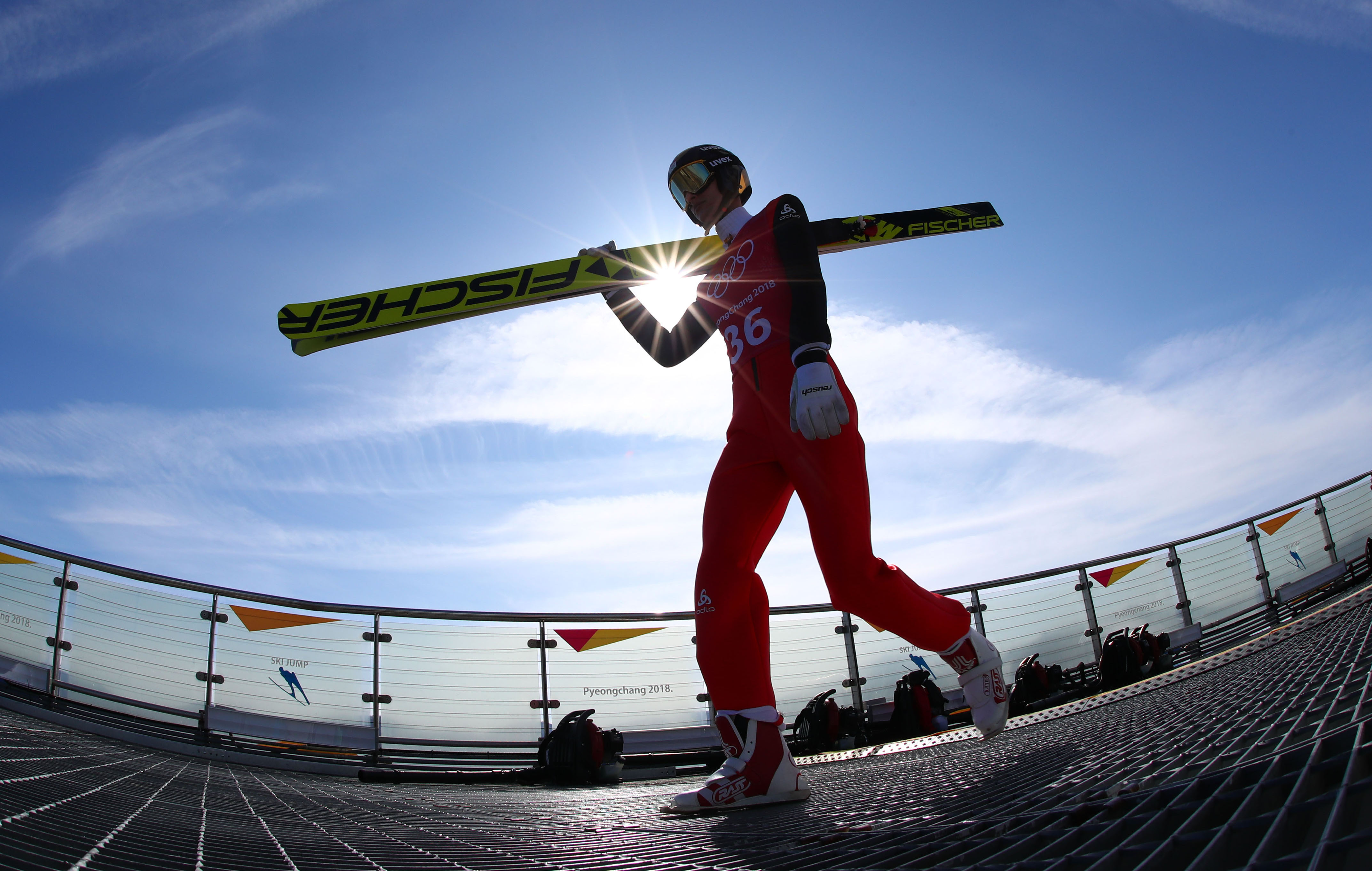 2018年2月7日，南韓平昌阿爾卑西亞跳台滑雪場，瑞士選手Gregor Deschwanden進行場地練習。（東方IC）