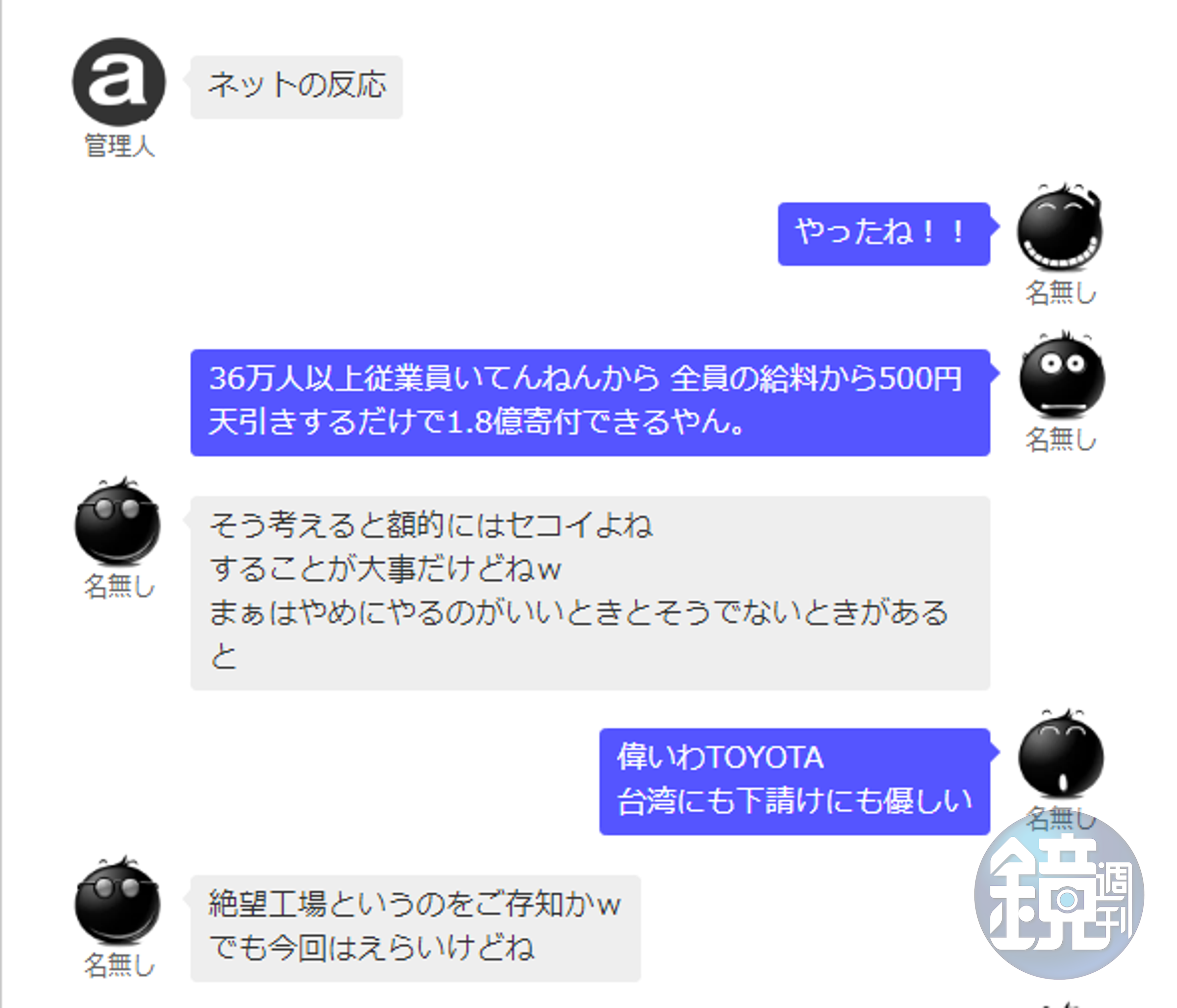 日本匿名網站上，對 TOYOTA 捐款的討論。