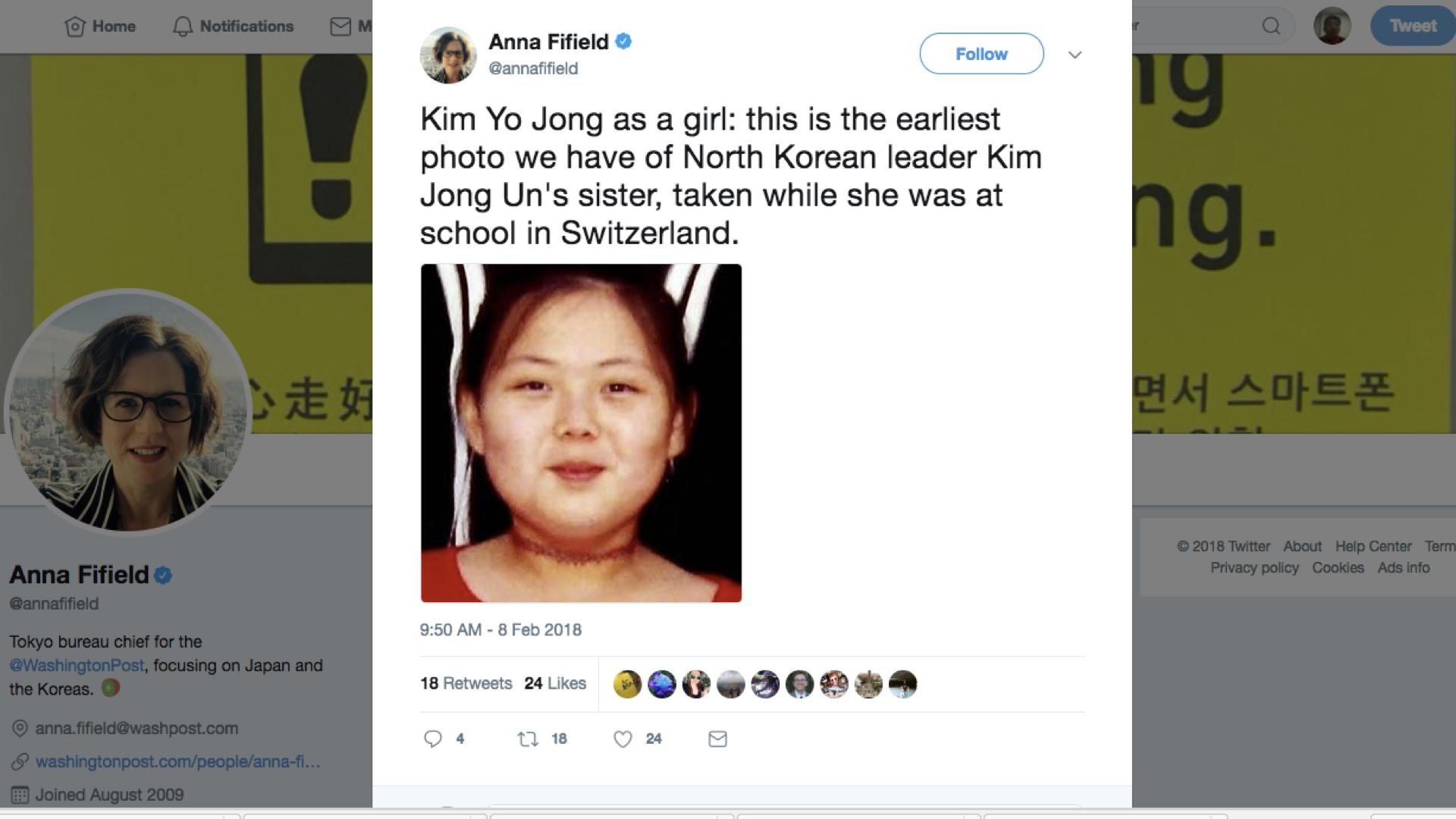 《華盛頓郵報》記者Anna Fifield推特上貼出「可能是媒體目前金與正最早期,在瑞士留學時代的照片」。