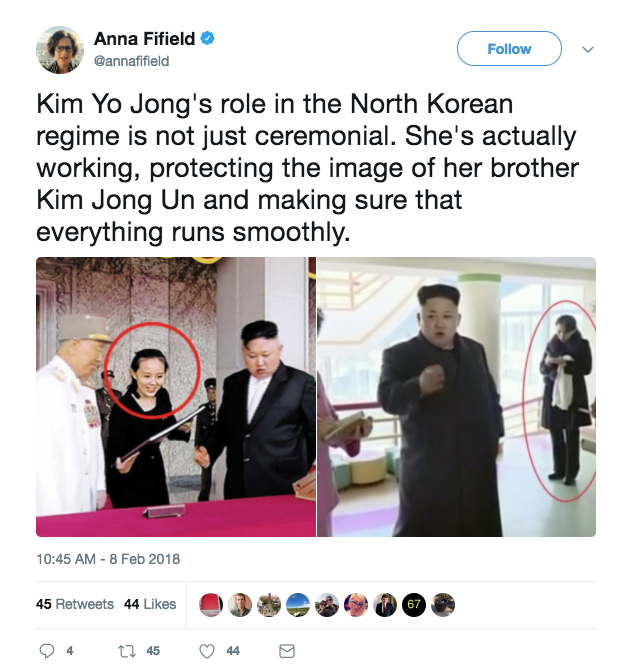 金與正並非虛有其名的北韓「公主」,她也是金正恩身邊重要的輔佐人物。(twitter/ Anna Fifield)