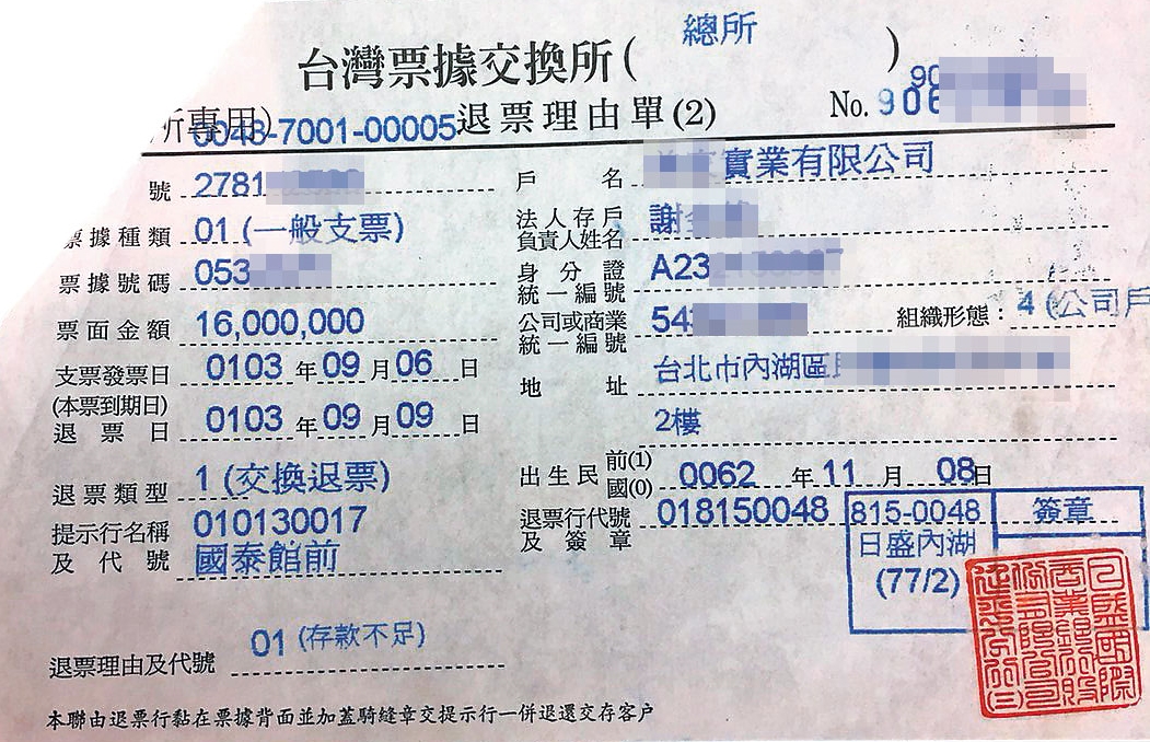 黃進春拿去抵債的1,600萬元支票,最後跳票。(讀者提供)