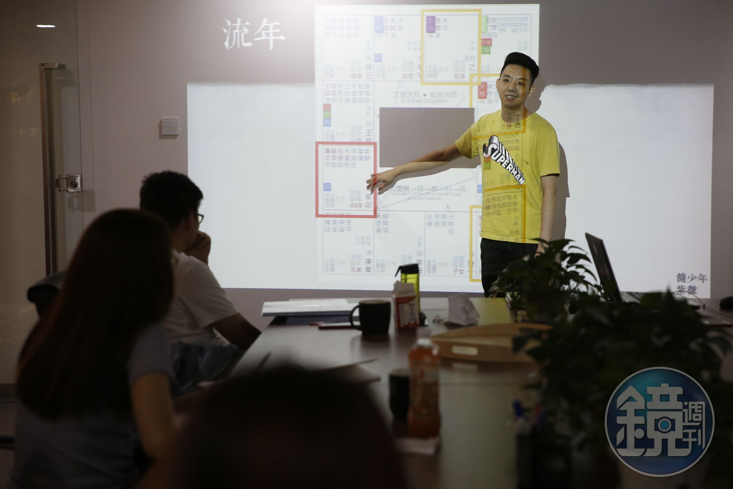 應該休假的週末，簡子復忙著開班授課，教授紫微斗數和面相，幫公司增加收入。