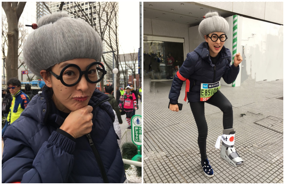 為了扮成老人，賈永婕特地在臉上點上老人斑，戴上灰白假髮及老花眼鏡。（翻攝自賈永婕臉書）