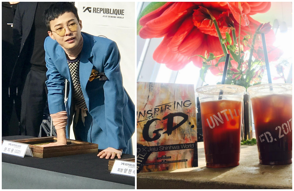 GD權志龍入伍前最後露面，出席GD咖啡廳和保齡音樂吧揭幕儀式，並蓋下手印作紀念，咖啡廳的咖啡豆，皆由GD親手挑選。（濟州神話世界提供）