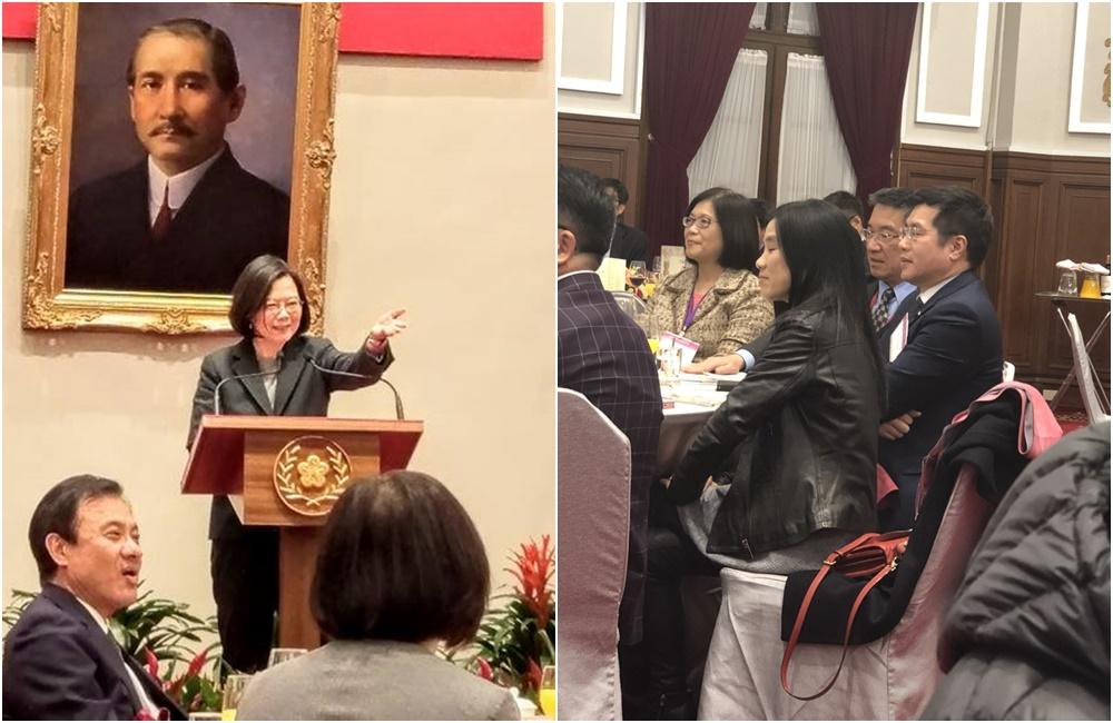 總統蔡英文今晚邀民進黨立委到總統府餐敘喝春酒（左圖翻攝鄭運鵬臉書）；民進黨立委羅致政也帶妻子陳亮吟出席。（右圖為與會者提供）