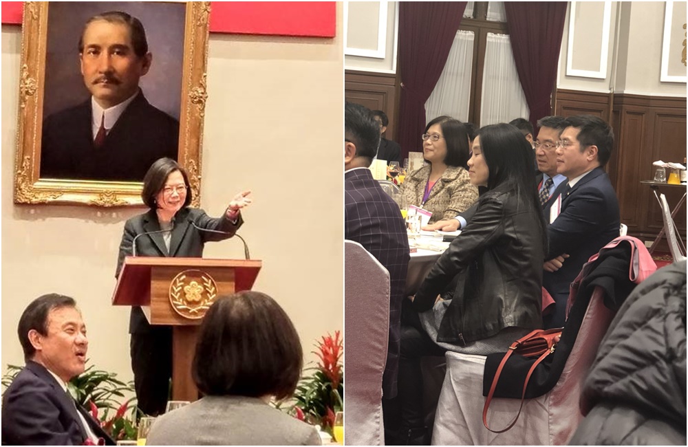 總統蔡英文今晚邀民進黨立委到總統府餐敘喝春酒（左圖翻攝鄭運鵬臉書）；民進黨立委羅致政也帶妻子陳亮吟出席。（右圖為與會者提供）