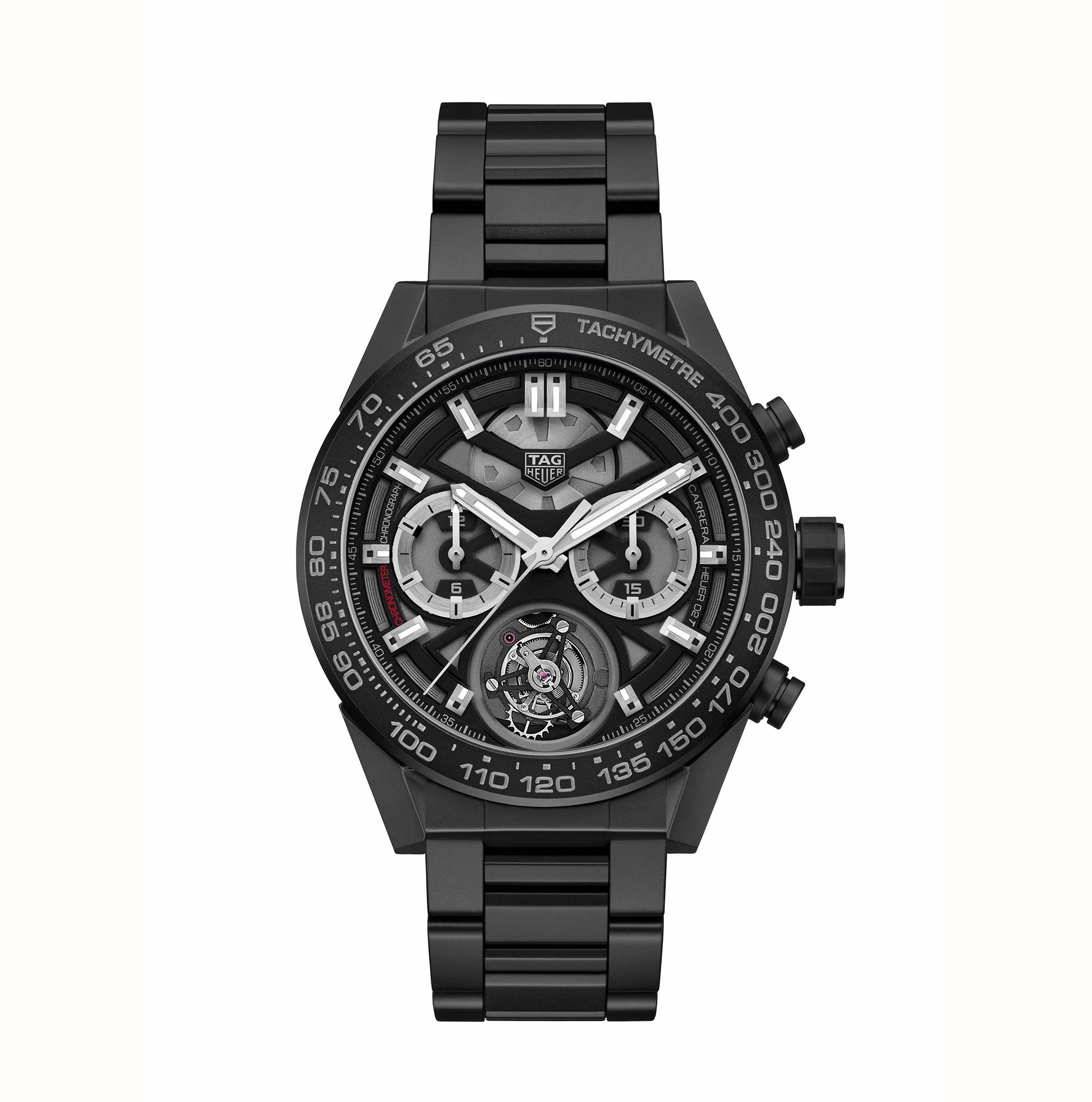 Carrera Heuer 02T陀飛輪腕錶，陶瓷材質錶殼鏈帶款式，定價NT$575,000。