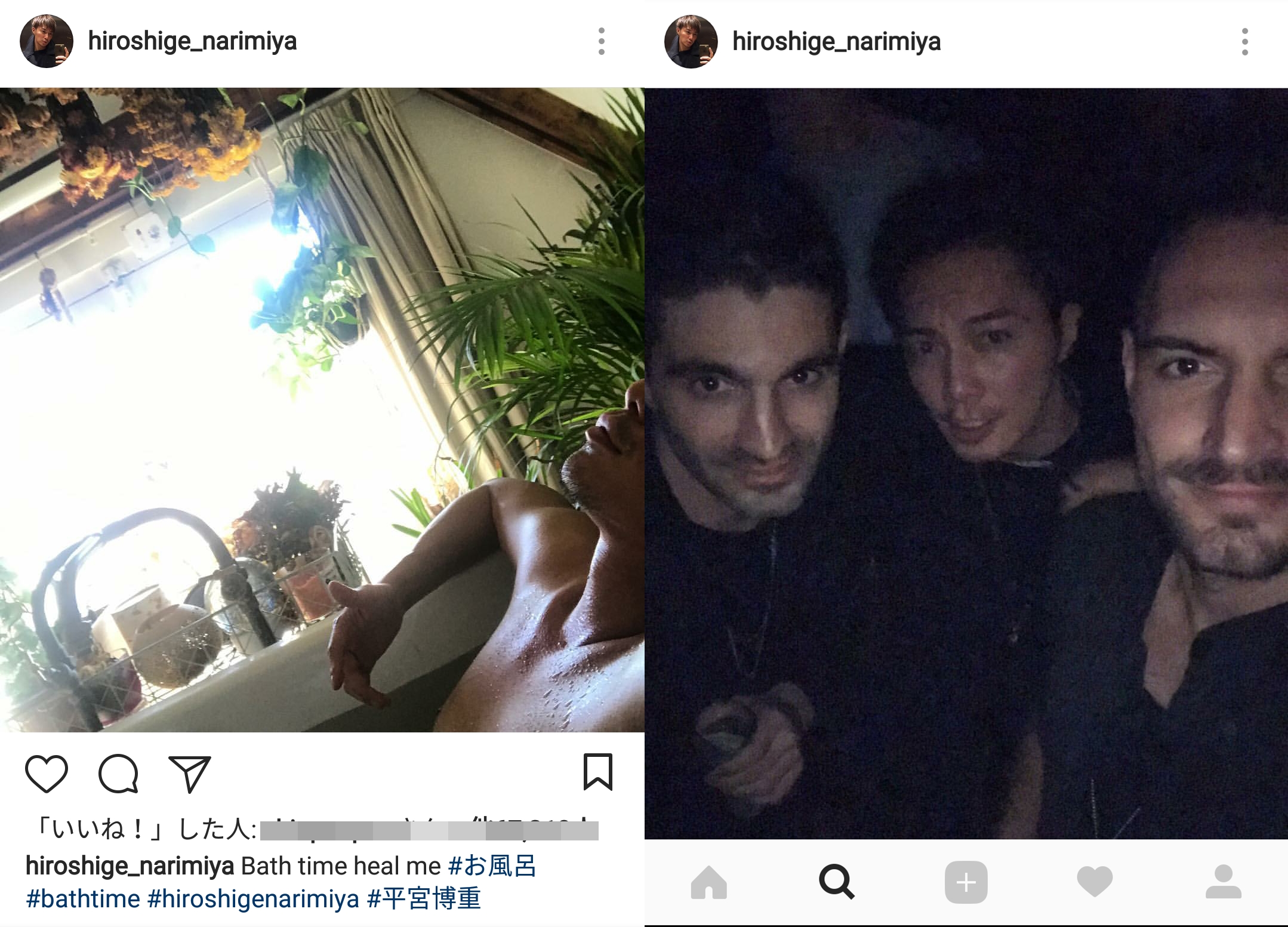 成宮寬貴不僅秀出入浴照並露奶頭，也熱情黏著男性友人合影。（翻攝成宮寬貴IG）