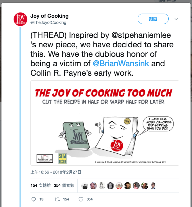 《Joy of Cooking》在推特上公開批評汪辛克是「壞的研究者」，他在2009年指稱他們的食譜與肥胖症相關的研究「偏頗失當」。 （Twitter/Joy of Cooking）