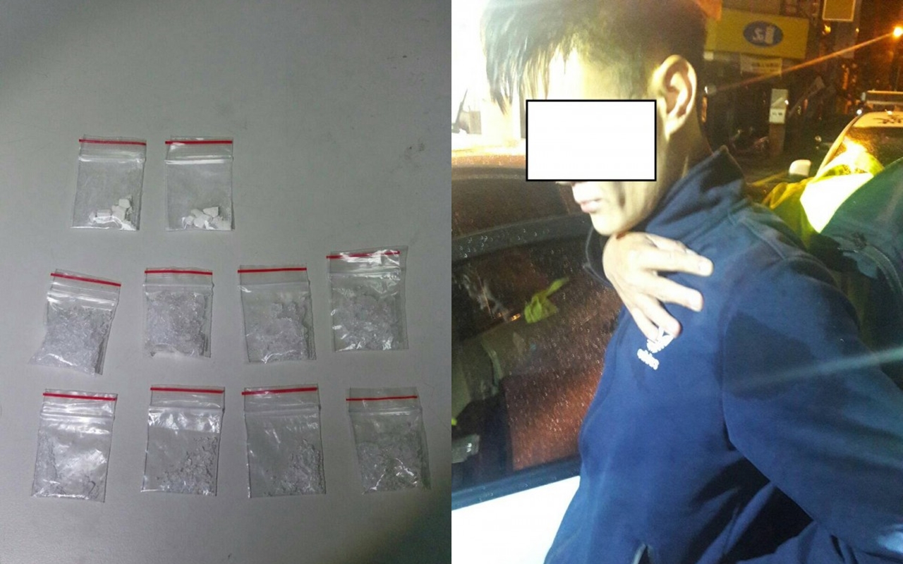 王男身上的包包起出10包安非他命及海洛英毒品，警方以柔道「大外割」壓制嫌犯。（警方提供）