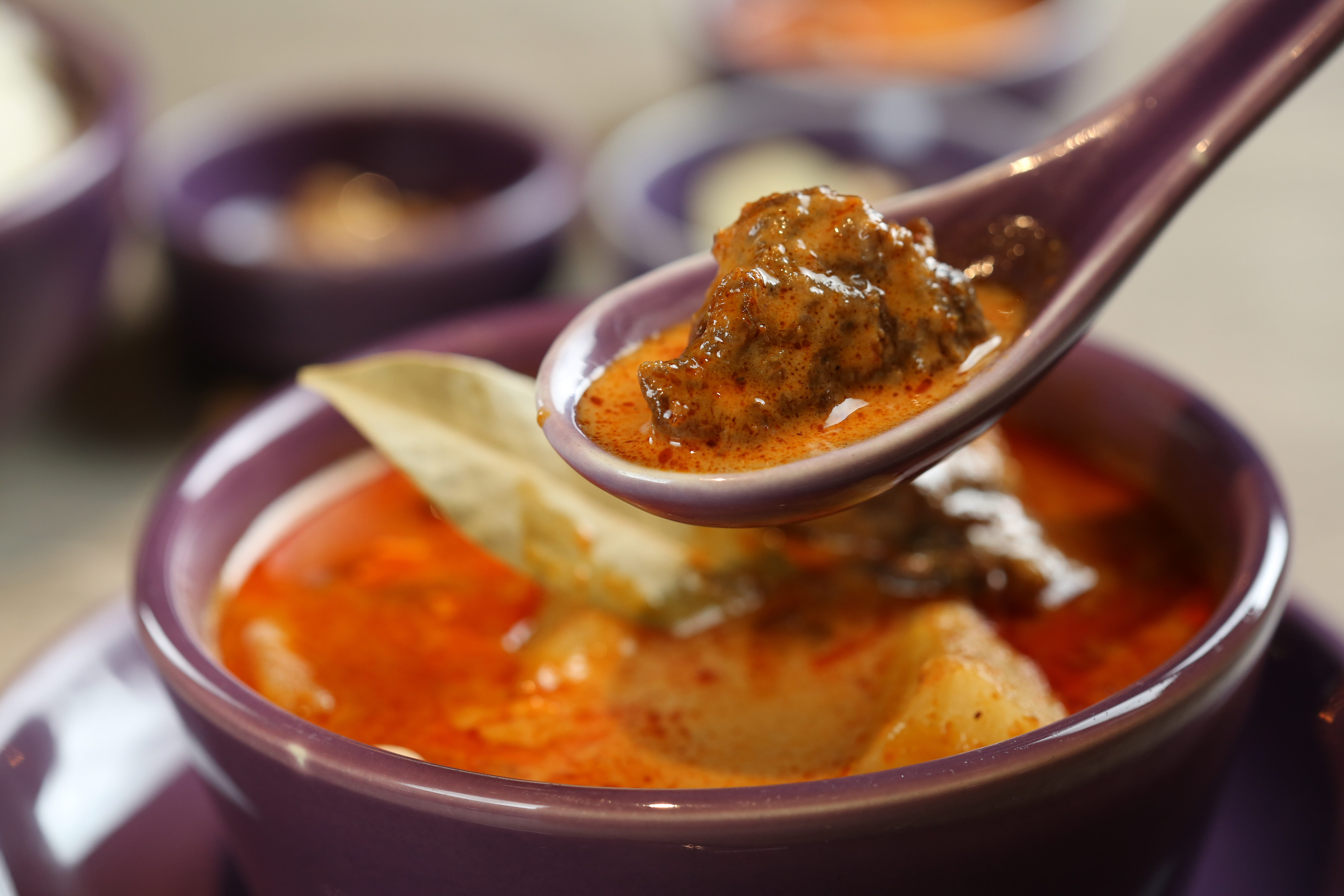 「瑪莎曼牛肉」紅咖哩醬汁中帶有花生米香氣，配上軟嫩牛肉，適合拌飯。（350元／份）