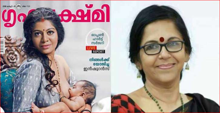 印度雜誌封面擺上女模哺乳畫面，引發各界譁然。（Grihalakshmi臉書）