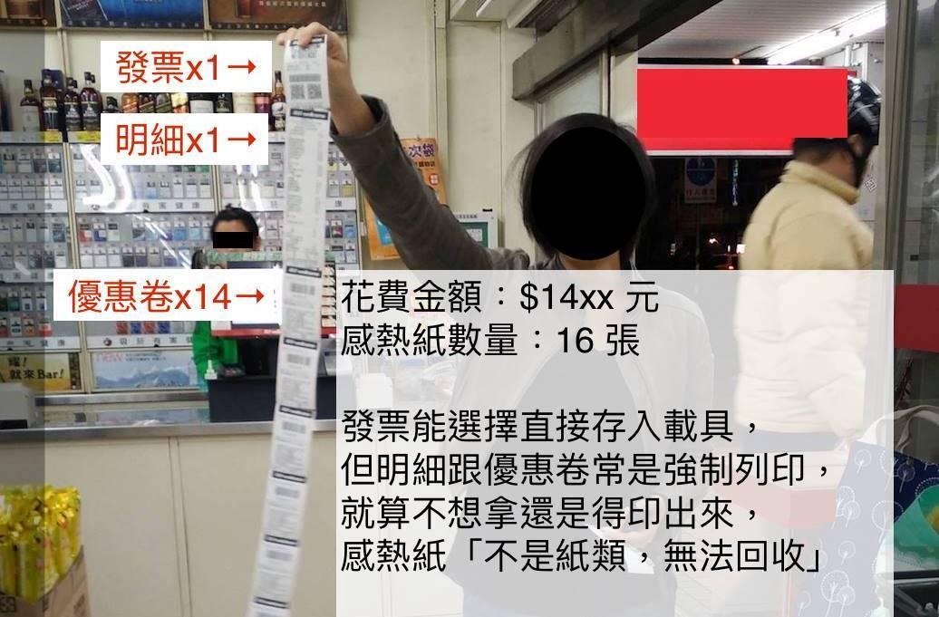 民眾去超市買火鍋料，結帳時卻拿到多達14張的優惠券，長度甚至還比人高。（網友提供）