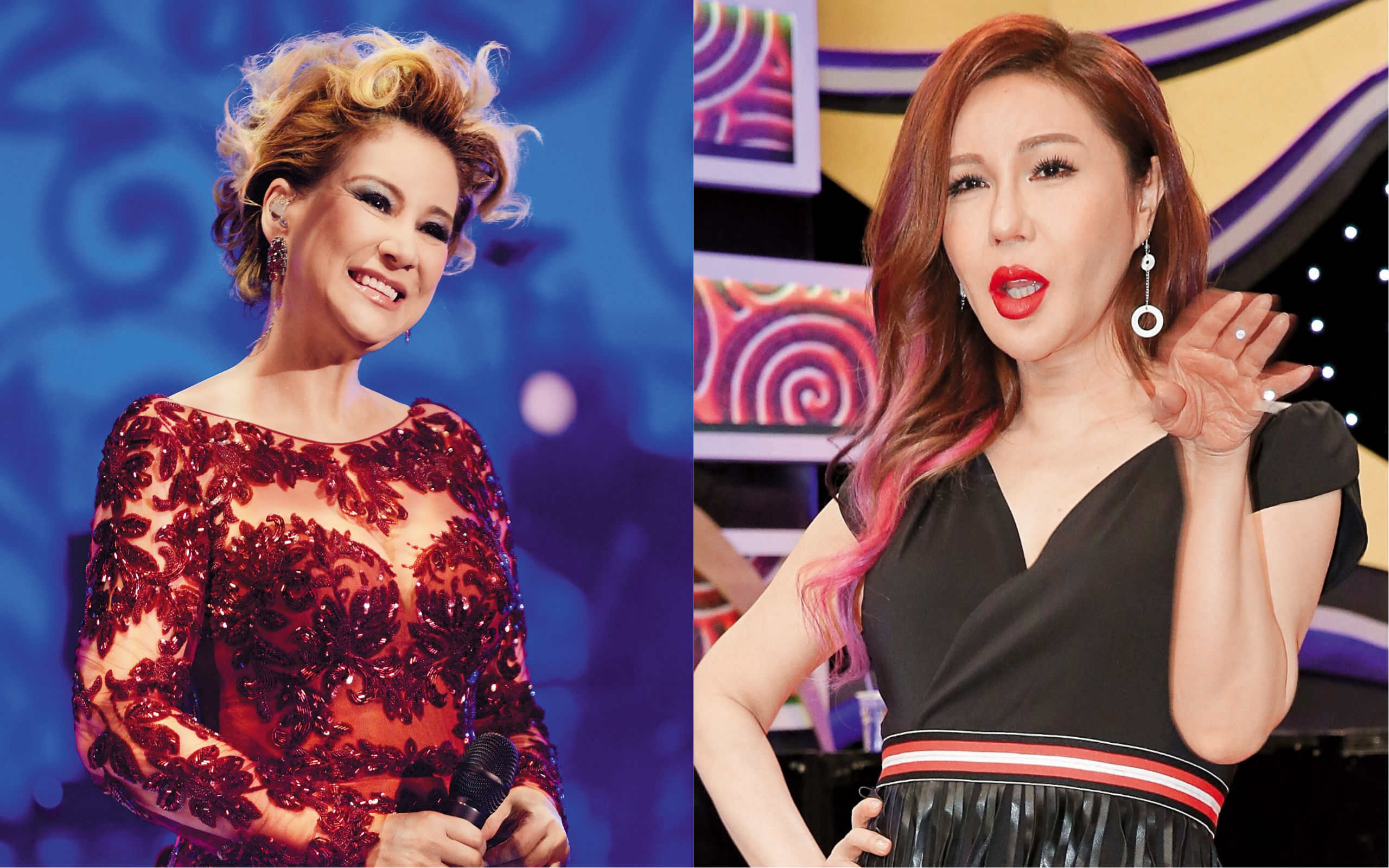 利菁（右）日前在錄影時，看到當天來賓是張秀卿與師弟上節目，當場抱怨起某年的耶誕夜，張秀卿差點害她惹怒華人歌壇天后甄妮（左）。