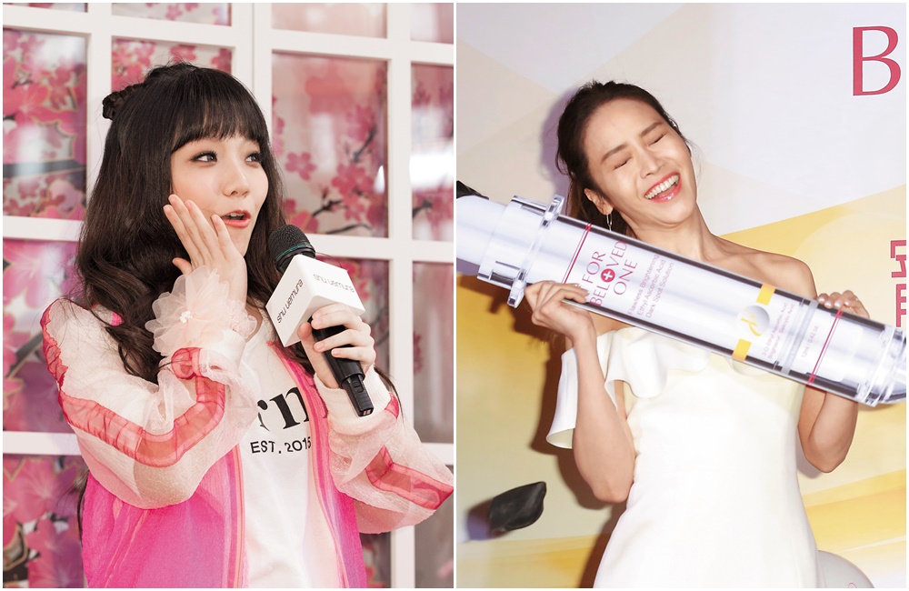 安那（左）可能剛出道沒多久，覺得出席保養品活動就是一定要有小女生的fu，侯佩岑雖然穿得美美出席保養品活動，但她知道這樣只是花瓶而已，五官一定要有戲，果然搶鏡效果極佳。