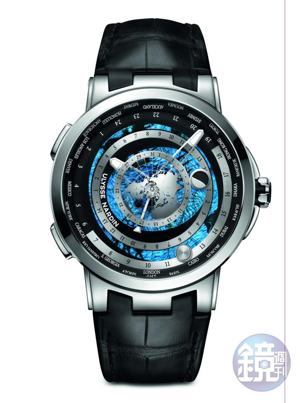 『Executive Moonstruck Worldtimer』 UN-106自動上鏈機芯/鉑金材質/錶徑46mm/時、分、日期指示/太陽、月亮與地球相對位置顯示、月相顯示、潮汐指示、世界時區、專利時區快調裝置/藍寶石水晶鏡面、底蓋/防水100米/真皮錶帶/建議售價：NT$3,186,800（限量100只）