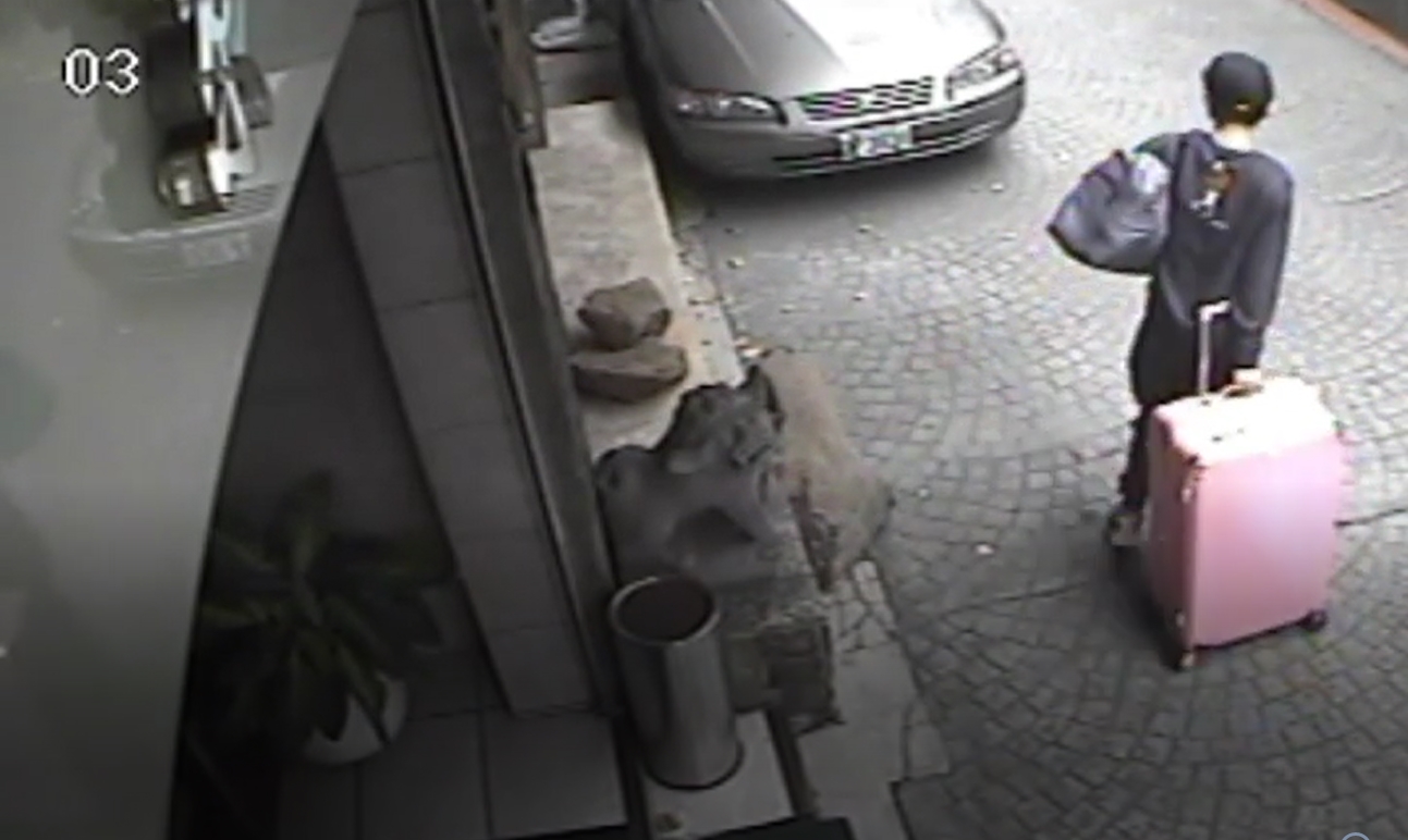 2月17日早上，只有陳男一人拖著行李箱離去。（翻攝畫面）