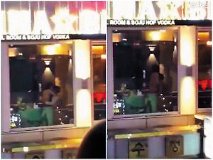 今年南韓1對男女在包廂親熱,但透明窗戶緊鄰街區,遭路過民眾圍觀偷拍。(翻攝微博)