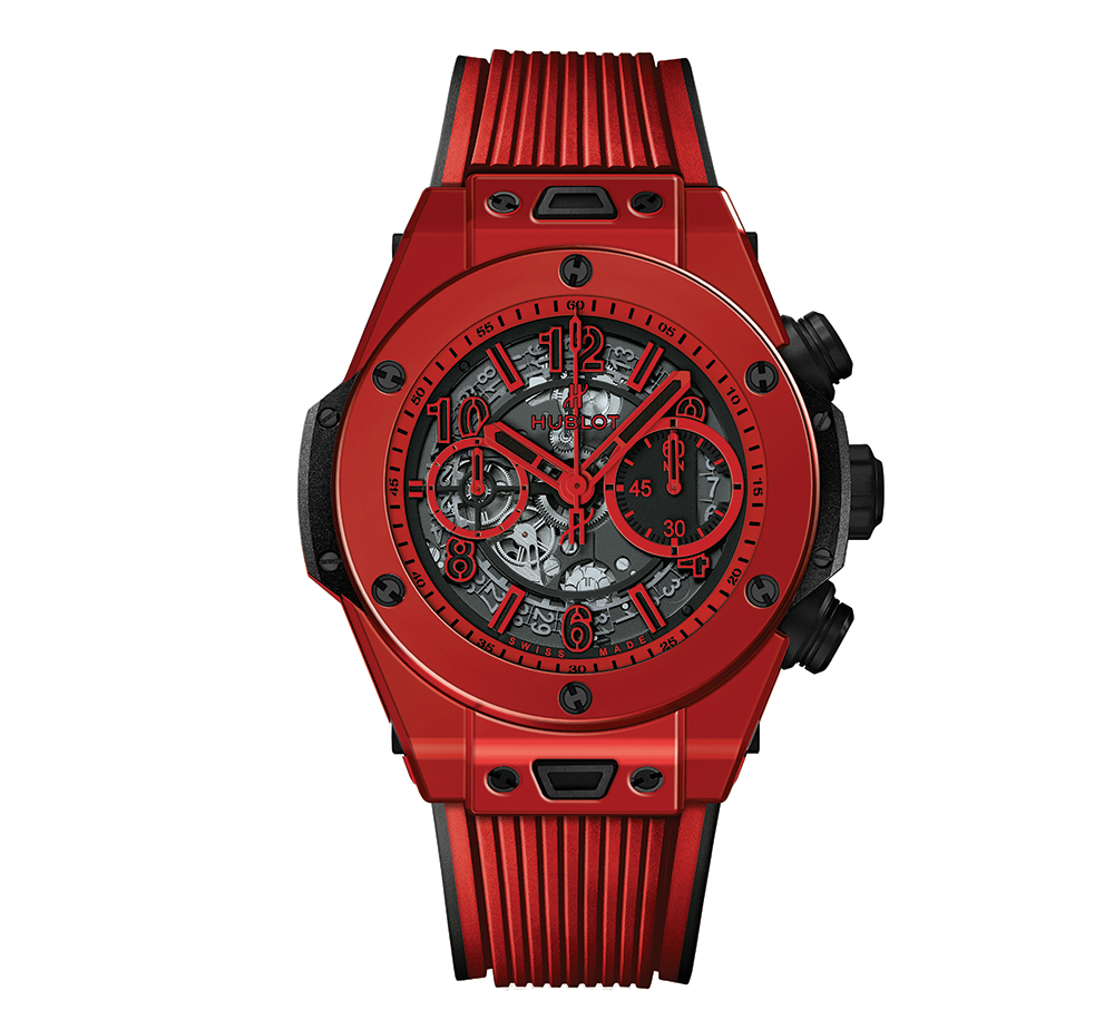 HUBLOT在Pre-Basel帶來這款Big Bang飛返計時碼錶，透過獨特製程打造出的鮮艷明亮紅色陶瓷，特別的是這款紅色陶瓷比起傳統陶瓷的硬度來得更高。限量500只，售價未定。