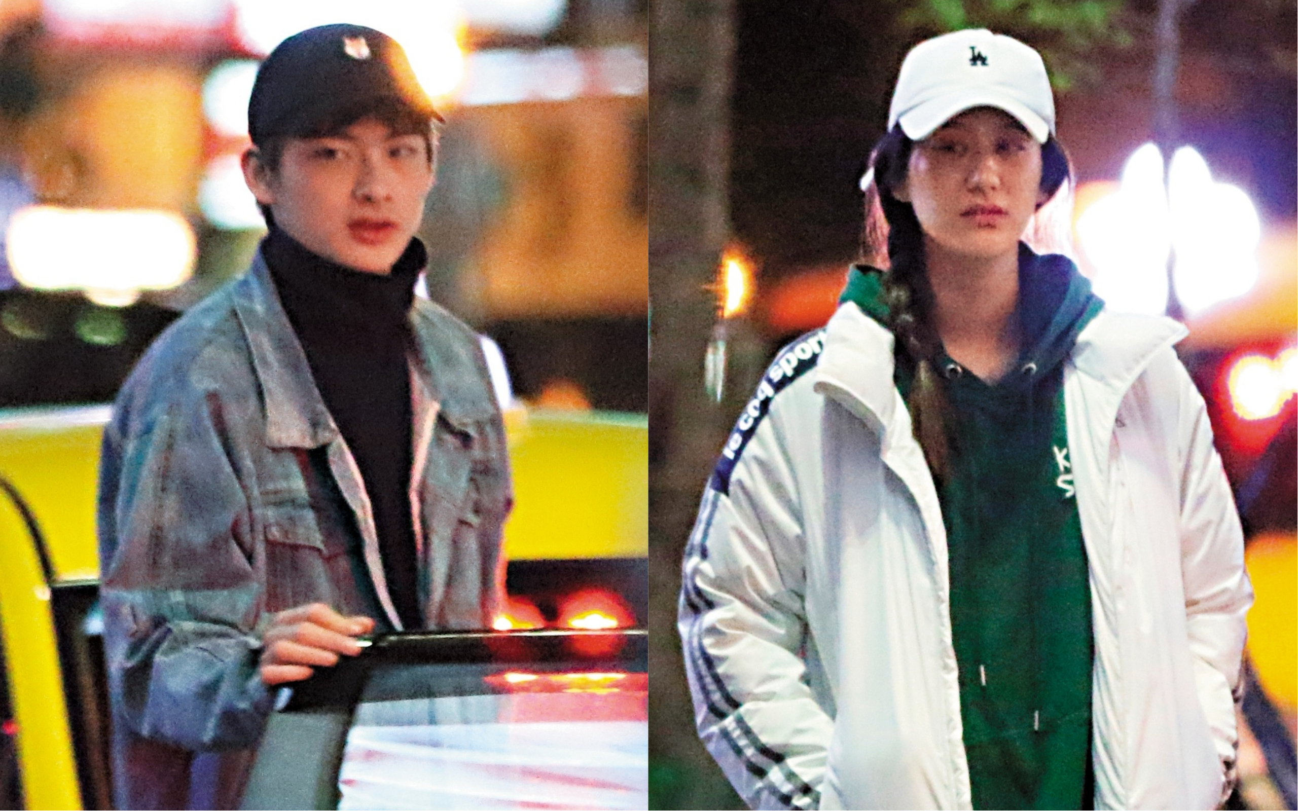 金淵珍（右）身著白色運動外套從錢櫃走出，在路邊等王庭勻，此時王庭勻（左）已經攔好計程車，身高189公分的他，站在路上頗顯眼。