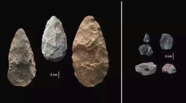 左為阿舍利遺址的舊石器，右為中石器時代小巧精簡的新型工具。