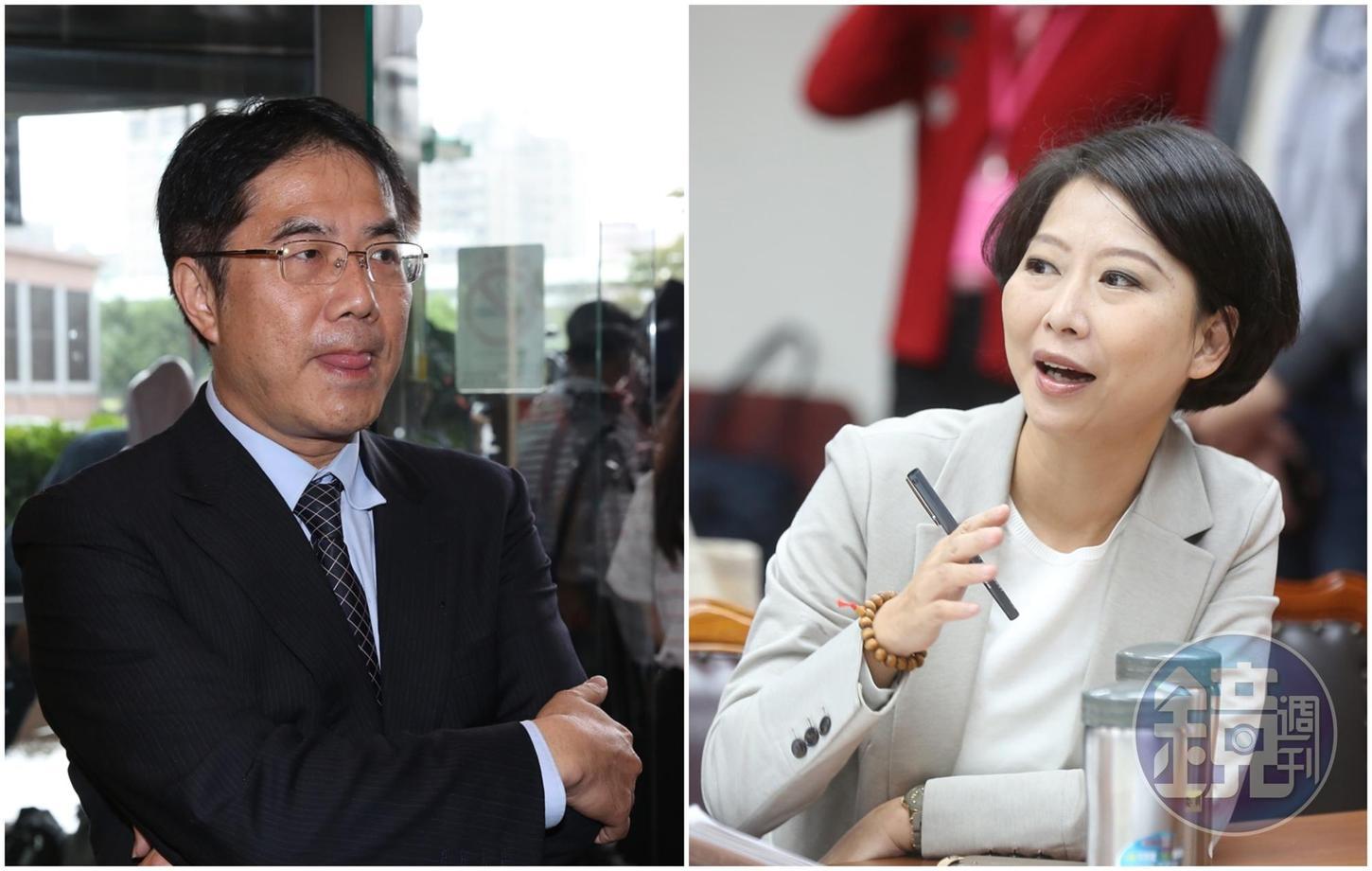 立委陳亭妃(右)在常會中提及本刊2月上旬揭露的黃偉哲(左)及其國會辦公室主任被葉姓台商控告詐騙案。