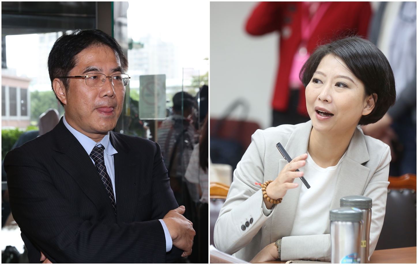 立委陳亭妃(右)在常會中提及本刊2月上旬揭露的黃偉哲(左)及其國會辦公室主任被葉姓台商控告詐騙案。