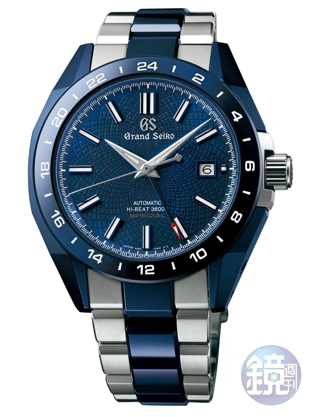 《Hi-Beat 36000 GMT: SBGJ229》 9S86自動上鏈機芯/不鏽鋼＋陶瓷材質/錶徑39.5mm/時、分、秒、兩地時間指示/日期顯示/藍寶石水晶鏡面、底蓋/防水100米/不鏽鋼＋陶瓷鏈帶/限量350只/建議售價：15,000歐元（約NT$550,000）