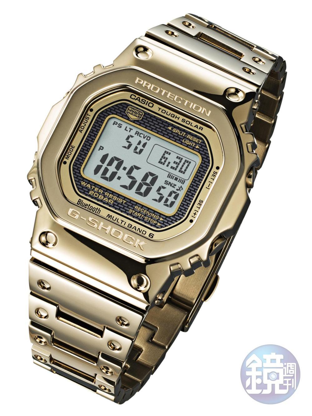 《G-SHOCK GMW-B5000TFG-9》 太陽能石英機芯/不鏽鋼材質，金色IP表面處理/時間顯示/藍牙連線、世界六局標準電波自動校正時間等多種功能/防水200米/金屬鏈帶/建議售價：NT$18,000