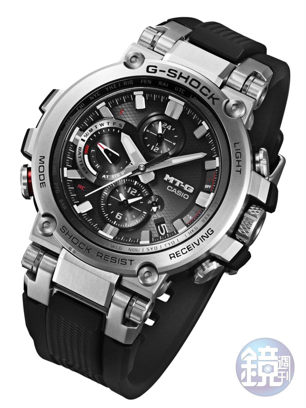 《G-SHOCK MTG-B1000-1A》 太陽能石英機芯/不鏽鋼材質/時間、日期顯示/藍牙連線、世界六局標準電波自動校正時間等多種功能/防水200米/橡膠錶帶/建議售價：NT$22,000