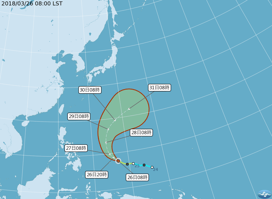 輕颱鯉魚距離台灣東南方約2,500公里，預期將北上接著轉彎，對台沒有直接影響。（氣象局提供）