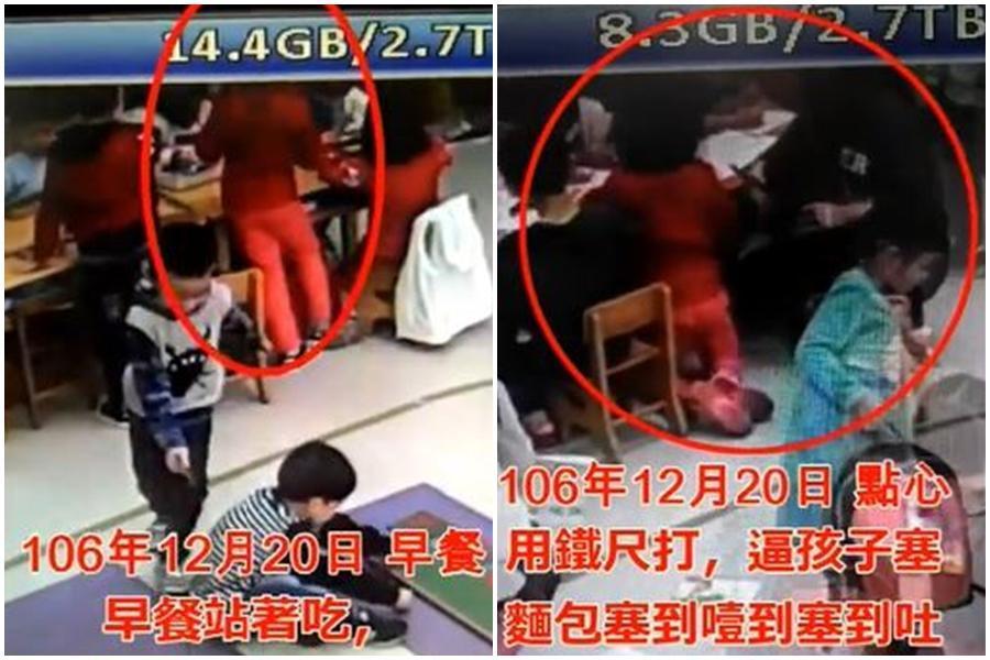 家長指控黃姓女幼教師長期對5歲學童施虐，拿食物塞嘴、拿鐵尺猛抽外，還曾因為女童吃太慢被罰舉碗罰站半堂課。（翻攝爆料公社）