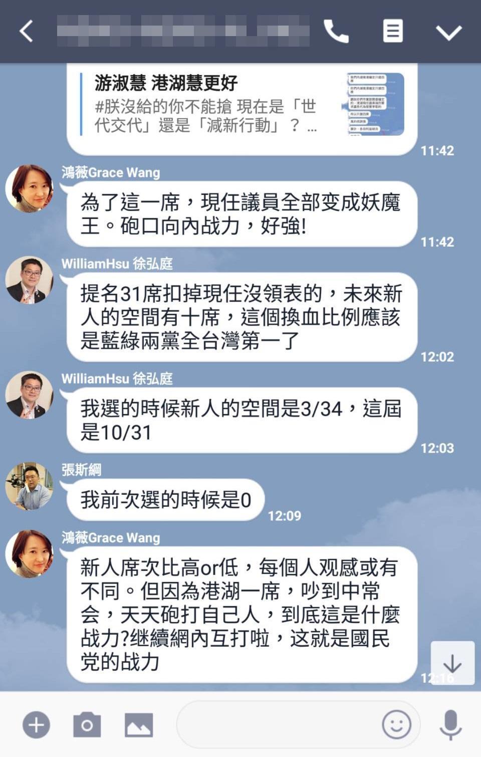 郝挺子弟兵過頭，引起部分黨內議員不滿，在黨內LINE群組內開轟。（讀者提供）