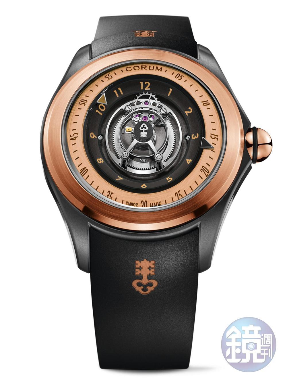 《Bubble 47 Central Tourbillon》 CO 406自動上鏈機芯/黑色PVD五級鈦+18K玫瑰金材質/時、分、秒指示/陀飛輪/橡膠錶帶/防水100米/建議售價:NT$ 2,930,000