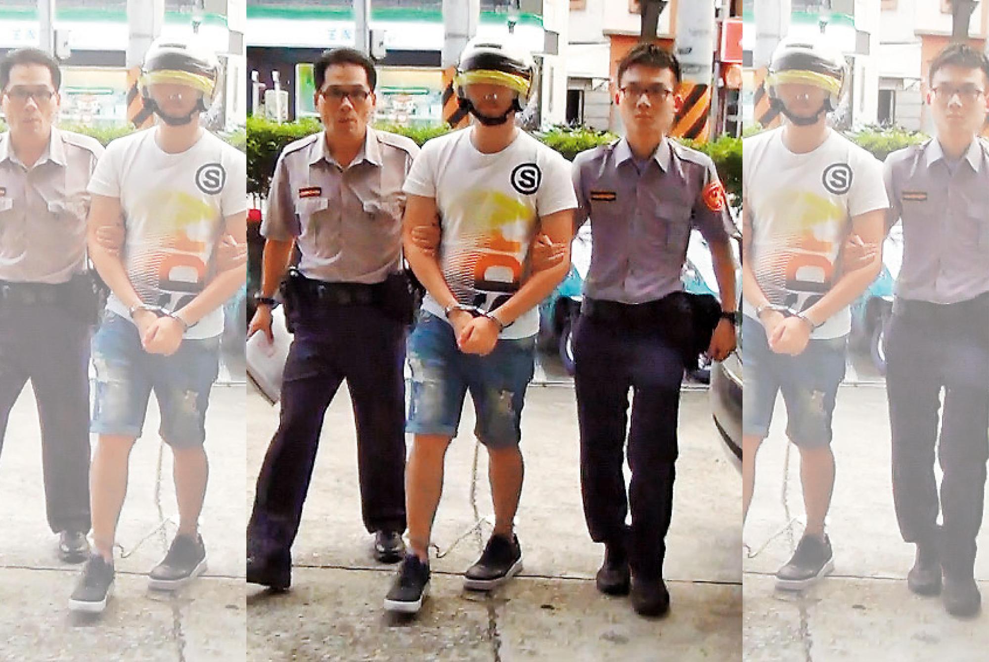 去年張威欽（中）在豐原落網，還是個陽剛男子，當時他才出獄不久。