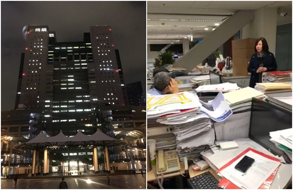 新北市府在夜間仍燈火通明，新北市議員劉美芳突襲新北市府局處，發現過勞問題。（翻攝臉書）